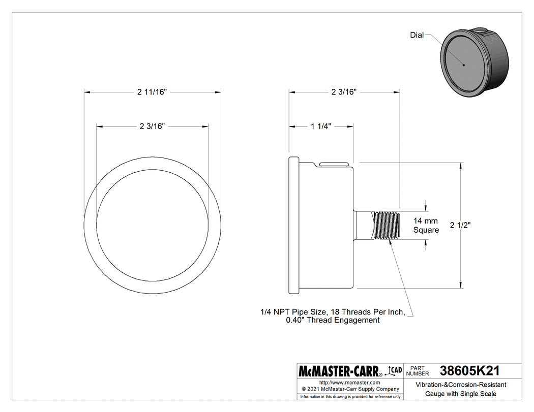 Technical Drawing of Vibration-&Corrosion-Resistant Gauge with Single Scale, Vacuum, 2.5" Dial, Center Back Connection, 30 to 0 in. of Hg.